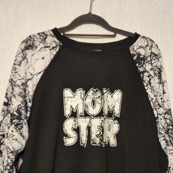 Lularoe Momster Raglan Randy Black w White Long Sleeves Splatter Pattern - Picture 4 of 7